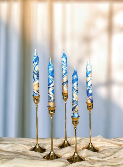 Gold Royal Blue Marble Candles, Tall Taper Candle Set, Dinner Candles, Gold Dark Blue Home Decor, Wedding Candle, Christmas Pillar Gift - image 1