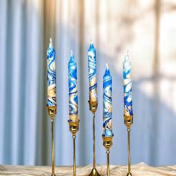 Gold Royal Blue Marble Candles, Tall Taper Candle Set, Dinner Candles, Gold Dark Blue Home Decor, Wedding Candle, Christmas Pillar Gift - thumbnail 4