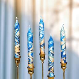 Gold Royal Blue Marble Candles, Tall Taper Candle Set, Dinner Candles, Gold Dark Blue Home Decor, Wedding Candle, Christmas Pillar Gift - thumbnail 2