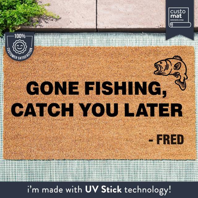 Gone Fishing, Catch You Later Customizable Name Doormat - Gift For Dad/Grandad Fisher Sea Bass Fish Coconut Coir - image 1