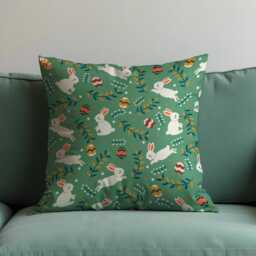 Green Easter Bunny Cushion Cover, Rabbit Pillowcase, Spring Sofa Case, Kids Nursery Decor - thumbnail 1