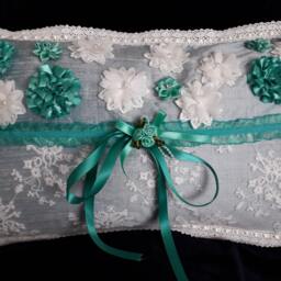 Silk, Lace Cushion - Emeraude -Handcrafted Silk & Boudoir Cushion in Duck Egg Silk, Turquoise Ivory - thumbnail 2