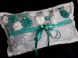 Silk, Lace Cushion - Emeraude -Handcrafted Silk & Boudoir Cushion in Duck Egg Silk, Turquoise Ivory - thumbnail 1