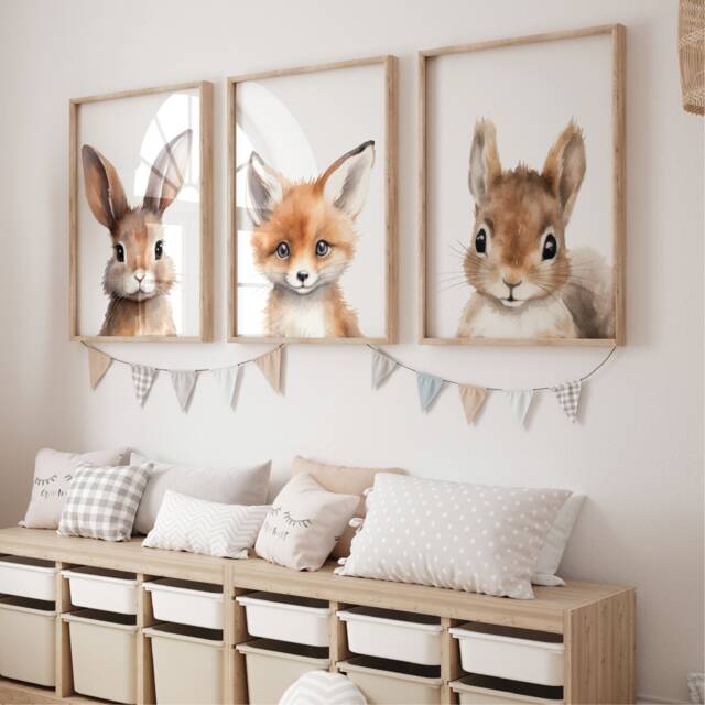 Woodland Nursery Prints, Decor, Wall Art, Set Of 3 Animals - image 1