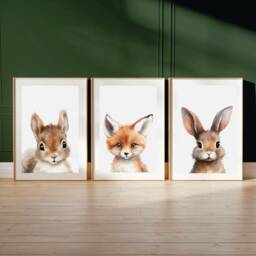 Woodland Nursery Prints, Decor, Wall Art, Set Of 3 Animals - thumbnail 3