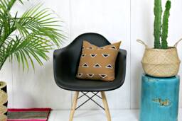 Sienna Brown Linen Pillow Cover With Black & White Triangle Print // Block Printed Taupe Camel Decorative Throw Cushion Mudcloth Accent - thumbnail 1