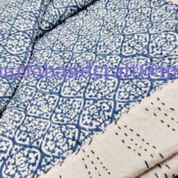 Waterbirds Print Kantha Quilt Handmade Cotton Bed Cover - 90x108 - thumbnail 2