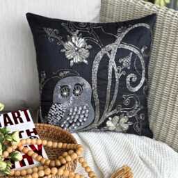 Black Sequin & Beaded Owl Art Silk Throw Pillow Cover, 16x16 Modern Birds Design Cushion Cover - Night Owls
