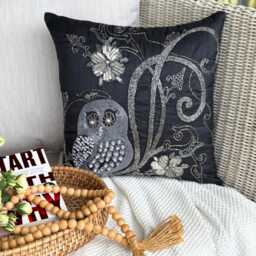 Black Sequin & Beaded Owl Art Silk Throw Pillow Cover, 16x16 Modern Birds Design Cushion Cover - Night Owls - thumbnail 2