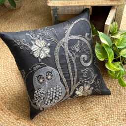 Black Sequin & Beaded Owl Art Silk Throw Pillow Cover, 16x16 Modern Birds Design Cushion Cover - Night Owls - thumbnail 3
