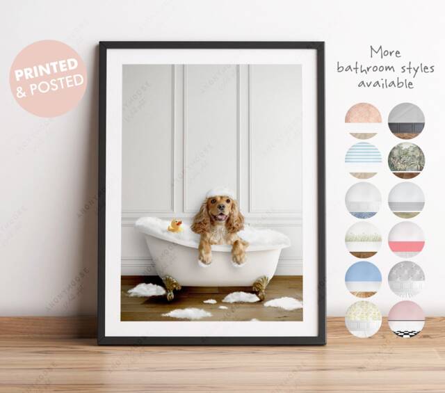 Apricot Cocker Spaniel Dog in A Bath Print, Bathing, Funny Bathroom Animal Bathtub, Dog Tub Whimsy - image 1