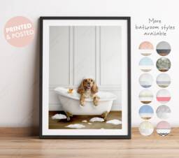 Apricot Cocker Spaniel Dog in A Bath Print, Bathing, Funny Bathroom Animal Bathtub, Dog Tub Whimsy - thumbnail 1