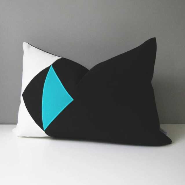 Black & White Sunbrella?? Outdoor Pillow Cover in Geometric Design, Aruba Blue, Turquoise Color Block Cushions For Modern Patio/Pool Chairs - image 1