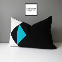 Black & White Sunbrella?? Outdoor Pillow Cover in Geometric Design, Aruba Blue, Turquoise Color Block Cushions For Modern Patio/Pool Chairs - thumbnail 4