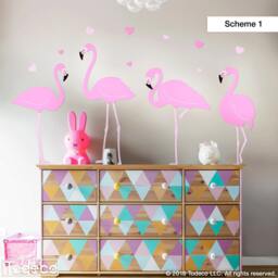 Flamingo Wall Decal Set Nursery Decor, Hearts, Pink Flamingos - thumbnail 1
