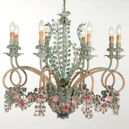 Gorgeous Firenze Chandelier Hand Forged Wrought Iron With Painted Flowers - thumbnail 2