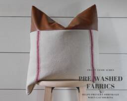 Clearance - Grain Sack Pillow Cover With Faux Leather Accent Feed Farmhouse Burgundy 3 Stripe Beige Fabric