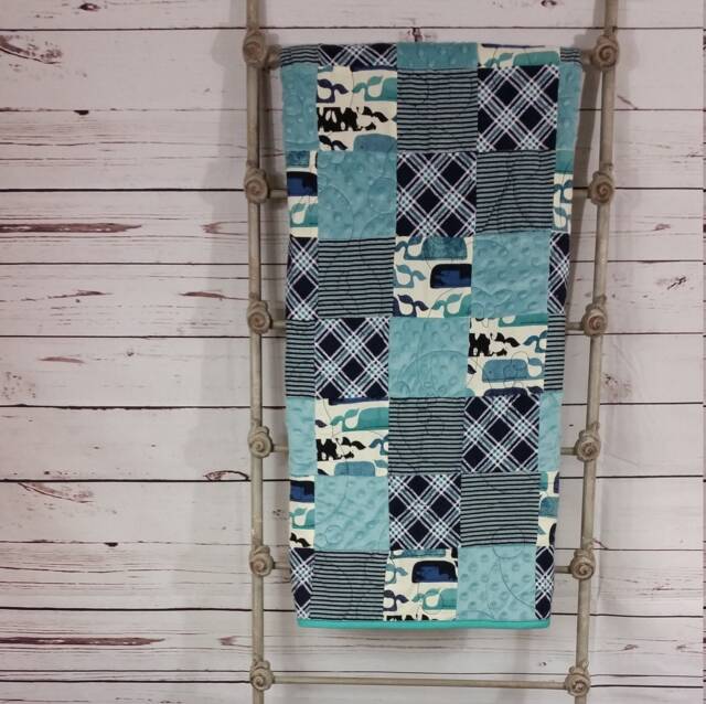 Patchwork Baby Boy Quilt Soft Minky Blanket Handmade Shower Gift Nursery Play Mat Whales - image 1