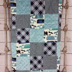 Patchwork Baby Boy Quilt Soft Minky Blanket Handmade Shower Gift Nursery Play Mat Whales - thumbnail 2