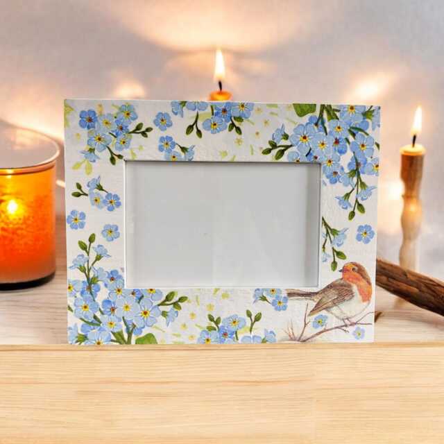 Forget Me Not Flowers & Robin Memorial Photo Frame Floral Wooden Picture Remembrance Gift - image 1