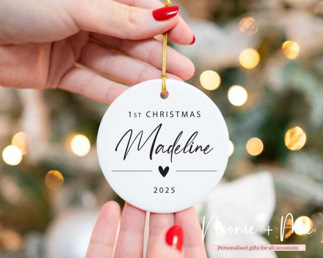 First Christmas Keepsake, Hanging Ornament, New Baby Gift, Tree Decoration, Personalised Ceramic Bauble, Custom Name Gift Style9 - image 1