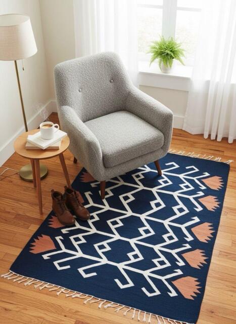 Handmade Flatweave Kilim Rug Royal Blue Carpet, Boho Decor - image 1
