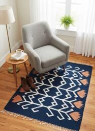 Handmade Flatweave Kilim Rug Royal Blue Carpet, Boho Decor - thumbnail 1