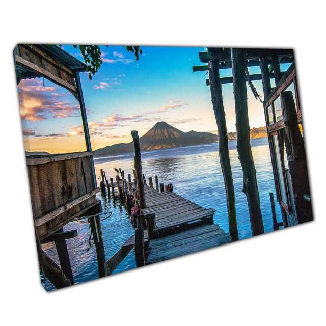 Wooden Pier Sunrise Wall Art Print Volcano Over Lake Atitl??n Guatemala Home Decor - image 1