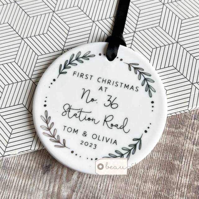 Personalised First Christmas At Address in New Home House Home Gift Design Acrylic Or Ceramic Round Ornament Keepsake