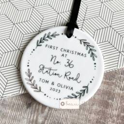 Personalised First Christmas At Address in New Home House Home Gift Design Acrylic Or Ceramic Round Ornament Keepsake