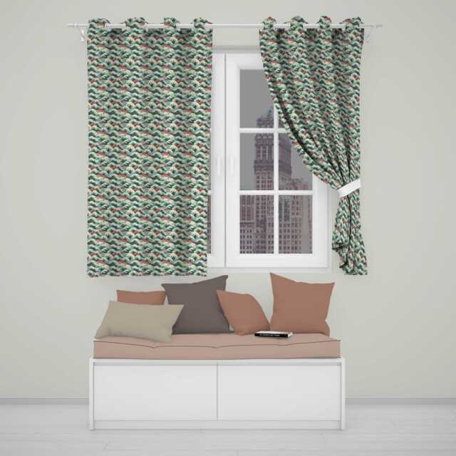 Soft Blue & Red Ocean Waves Seamless Pattern Readymade Eyelet Ring Top Thermal 100% Blackout Curtains - image 1