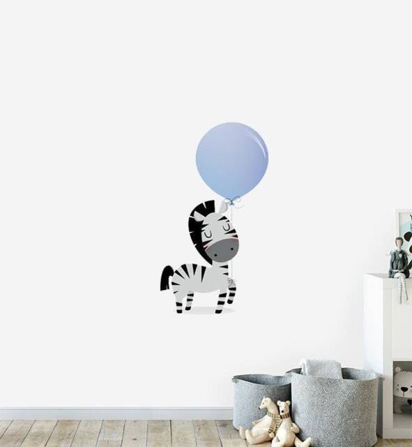 Zebra With Big Balloon Wall Sticker Decal - Nursery Stickers, Animal Decals, Home Decor, Baby Room, Art, Girl, Boy