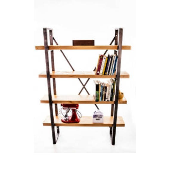 Sycamore Wood & Raw Steel Metal Bookcase Display Industrial Shelving - image 1
