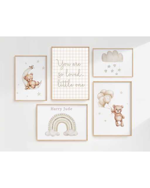 Neutral Teddy Gallery Wall Prints - Gender Nursery Beige Rainbow Set Of Five Art & Cloud - image 1