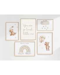 Neutral Teddy Gallery Wall Prints - Gender Nursery Beige Rainbow Set Of Five Art & Cloud - thumbnail 1