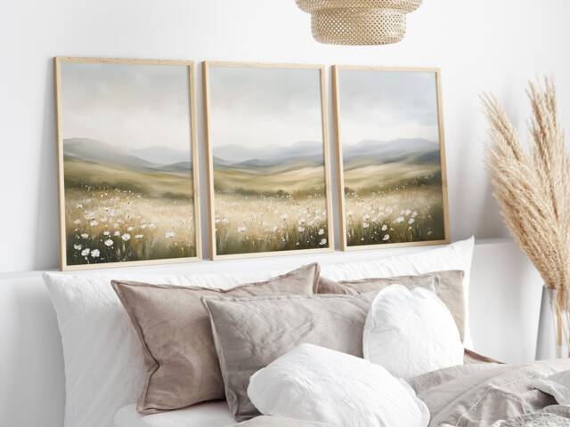Wildflower Meadow Prints Set Muted Vintage Landscape, Farmhouse Wall Art - image 1