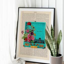 Vinyl Player Illustration, Decorative Art, Retro Crosley Turntable Print, Vintage Flowers, Music Lover Gift Idea - thumbnail 3