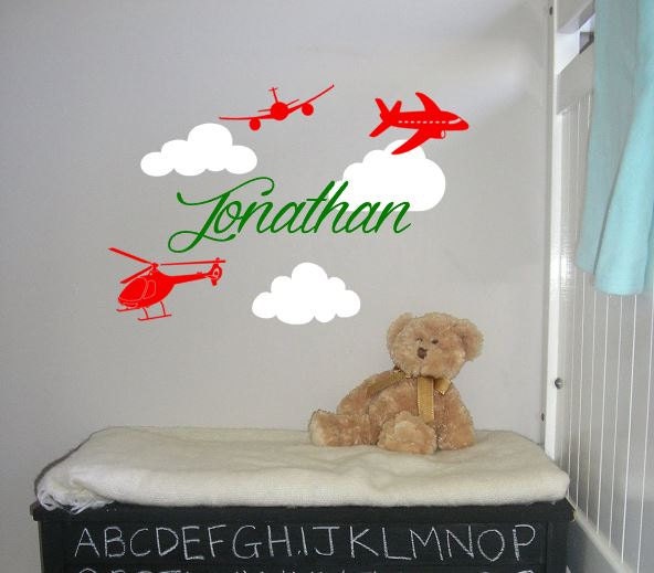 Airplane Wall Decal, Custom Name Vinyl Sticker, Personalized Nursery Plane Decals, Helicopter, Kids Baby Boys Room Decor - image 1