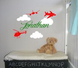 Airplane Wall Decal, Custom Name Vinyl Sticker, Personalized Nursery Plane Decals, Helicopter, Kids Baby Boys Room Decor - thumbnail 1