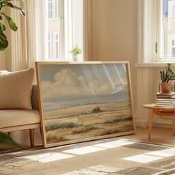 Golden Field Poster, Neutral Countryside Wall Art, Rural Painting - thumbnail 4
