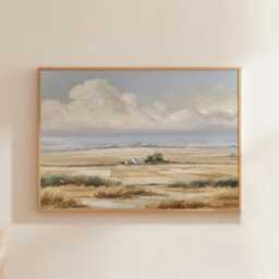 Golden Field Poster, Neutral Countryside Wall Art, Rural Painting - thumbnail 1