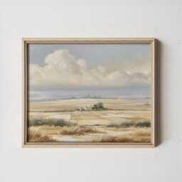 Golden Field Poster, Neutral Countryside Wall Art, Rural Painting - thumbnail 3