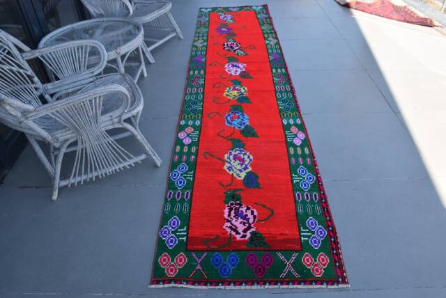 Anatolian Rug, , Vintage Turkish Herki Green Oriental 2.6x11.1 Ft Area Rugs For Living Room, Handwoven Kitchen - image 1