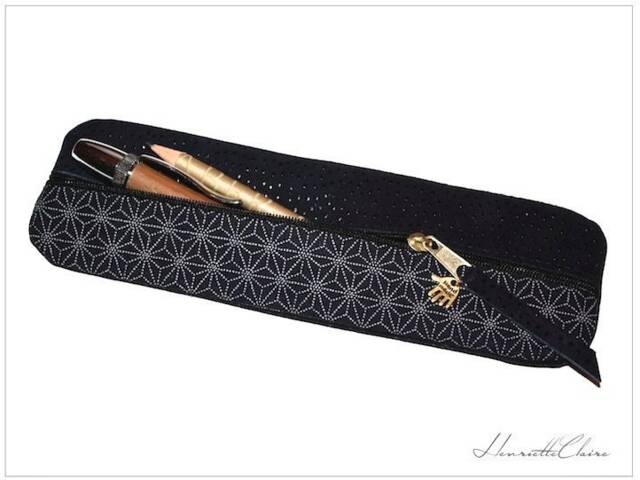 Pencil Case Leather & Fabric Japanese Blue Unique - image 1