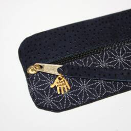 Pencil Case Leather & Fabric Japanese Blue Unique - thumbnail 3
