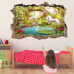 Unicorn Wall Decal Enchanted Forest Mural, Kids Bedroom Decor - thumbnail 1
