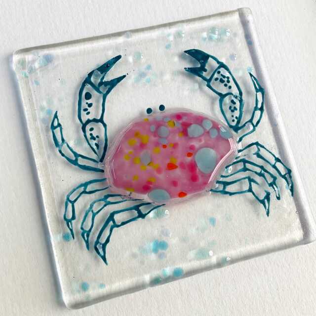 Glass Crab Wall Art - Colourful Framed Fused Glass Nipper Handmade in Cornwall By Niko Brown - image 1