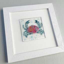 Glass Crab Wall Art - Colourful Framed Fused Glass Nipper Handmade in Cornwall By Niko Brown - thumbnail 2