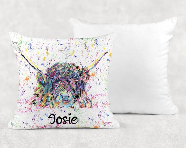 Personalised Watercolour Rainbow Highland Cow Cushion, Cuddle Pillow, Birthday Gift - image 1