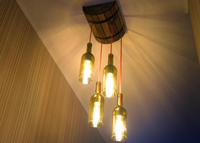 Ceiling Lamp in A Wine Barrel With Shades Of Bottles, Pendant Wooden Light, Lamp, Trimmed Bottle, Edison Bulbs, Rustic Light - image 1
